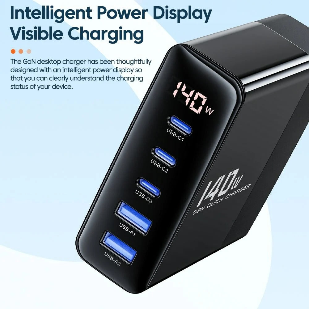 140W 5-Port Desktop Charging Station, Black, Fast Charging, PD3.1 & QC4.0, Compact Size 85x79x60mm