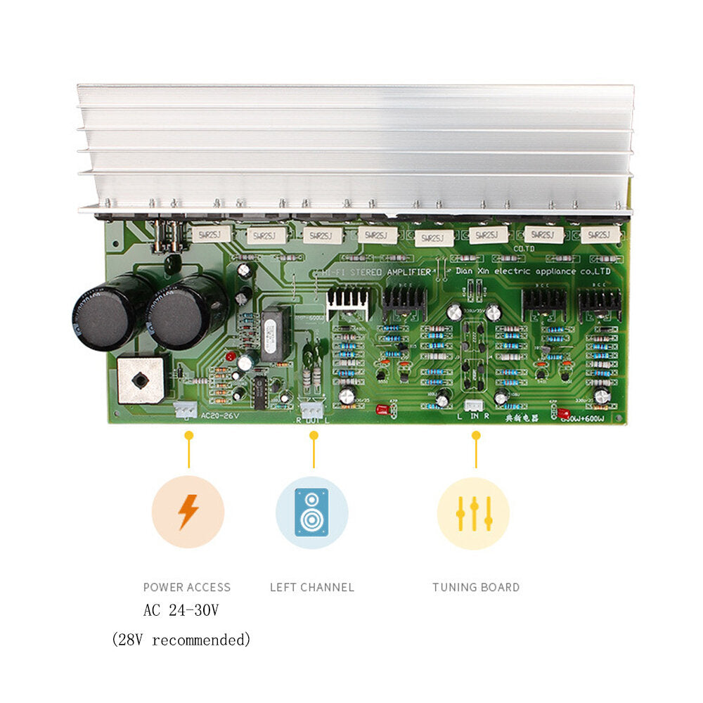 600W+600W Daul AC22V~28V SK600 Stereo Two-channel Hi-Fi Stage-level High-power Amplifier Board 2.0