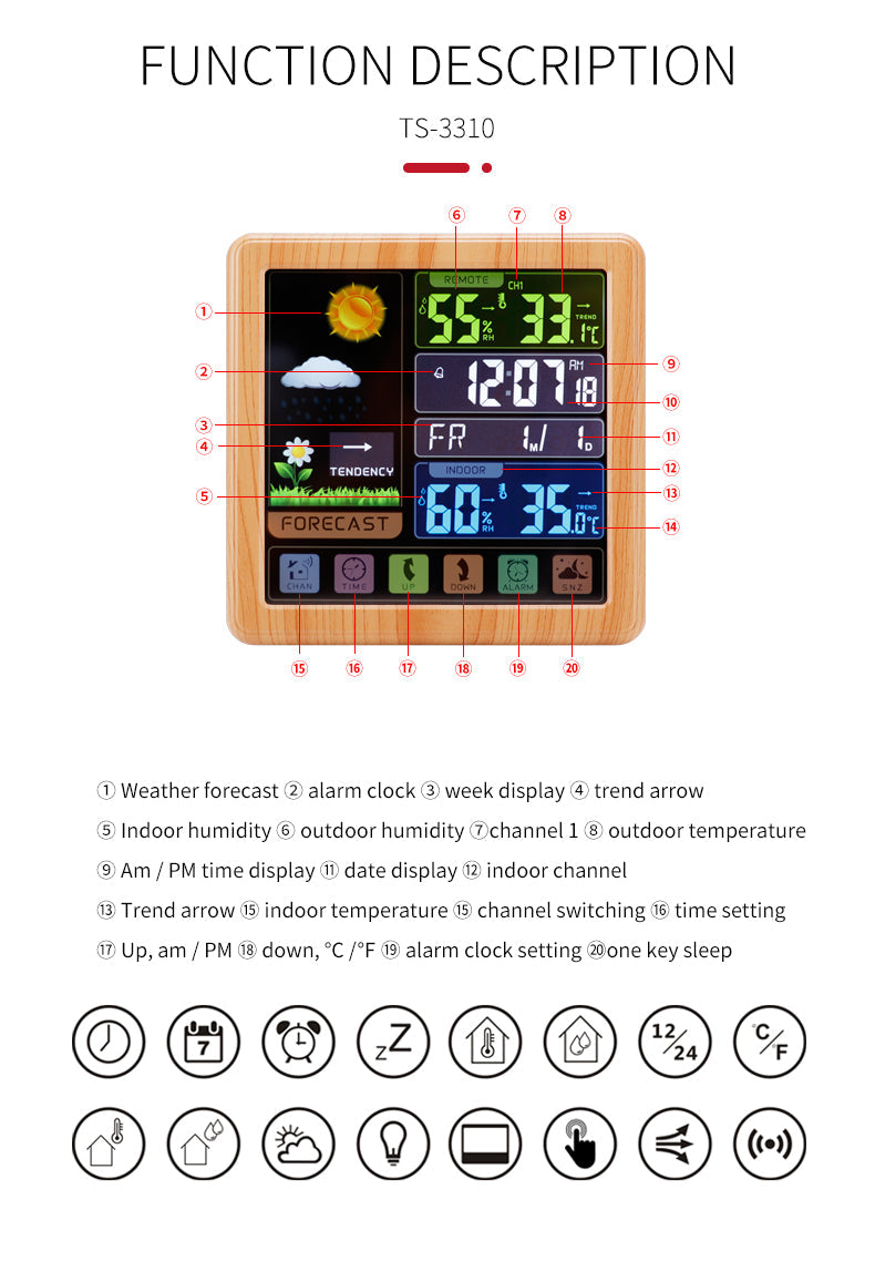 Wireless Touch Screen Weather Station Clock – Indoor/Outdoor Temp/Humidity, Atomic Time, Forecast, USB Charger, Snooze