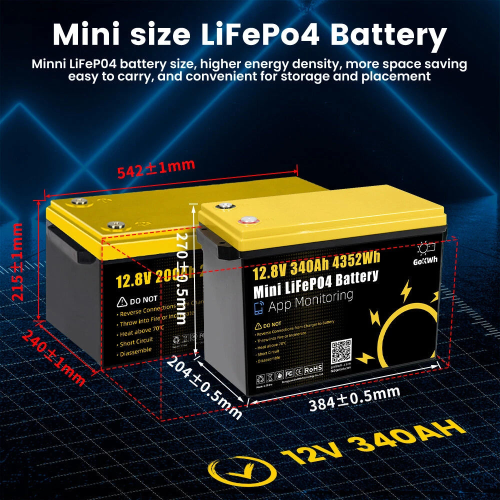 12V 340AH Vehicle Storage Box 4352Wh Mini LiFePO4 Battery Built-in 200A Bluetooth BMS