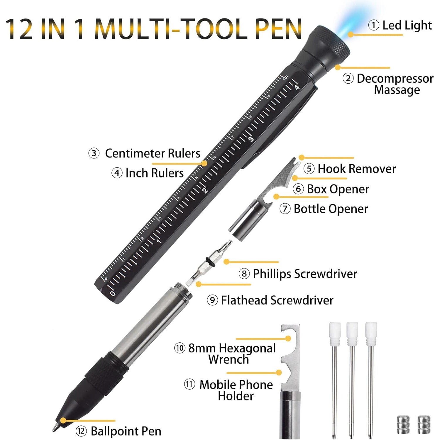12-in-1 Multifunctional Pen with LED Light, Massager, Rulers, Screwdrivers & More - Durable, Portable Gift Set