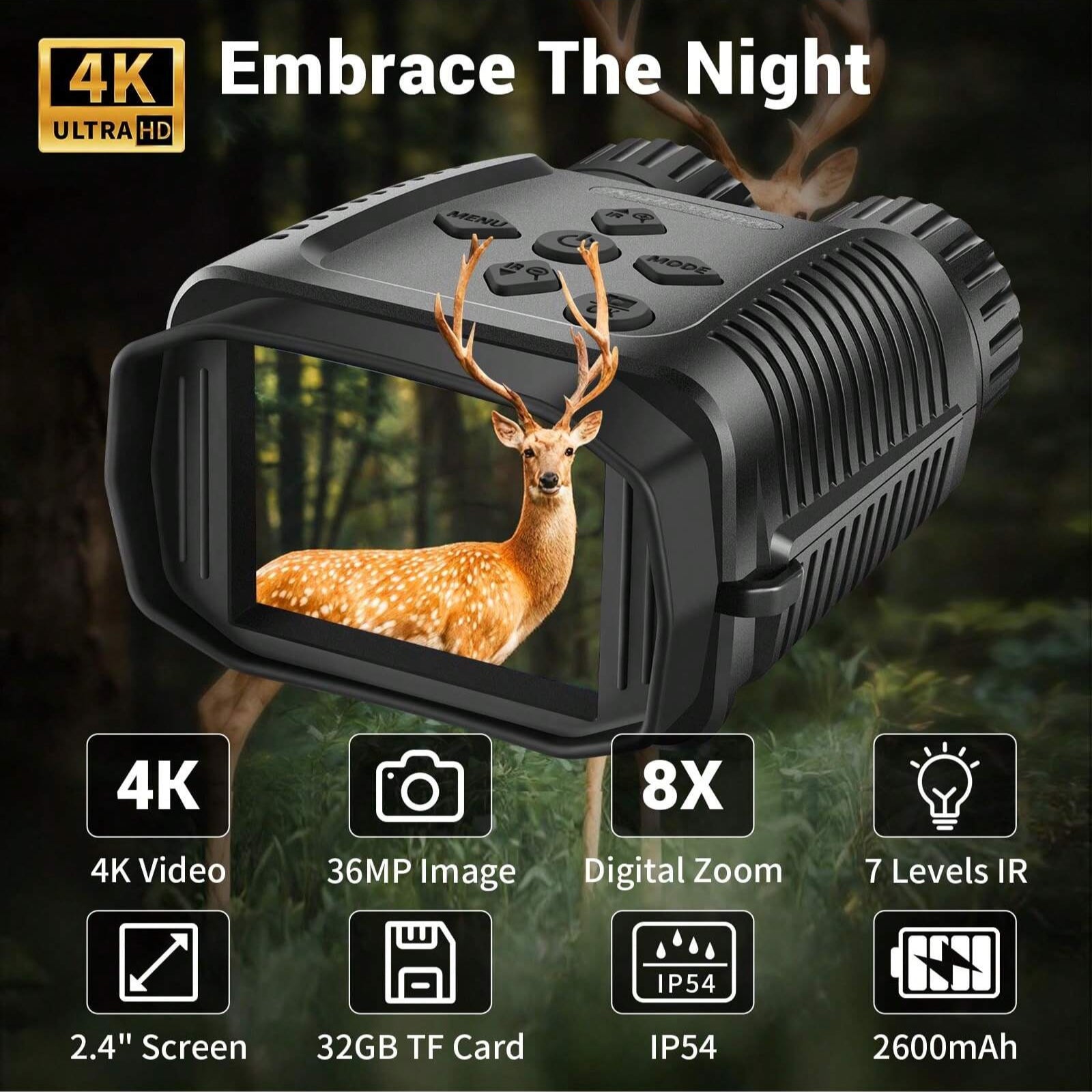 4K Night Vision Goggles with 850NM Infrared, 36MP Photos, 4K Video, 8x Zoom, 1,312ft Range, Waterproof, 32GB Card Included