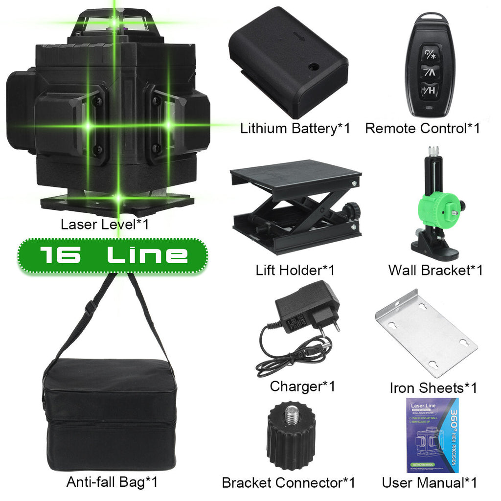 16/12/8 Line 360 4D Horizontal Vertical Cross Green Light Laser Level Self-Leveling Measure Super Powerful Laser Beam