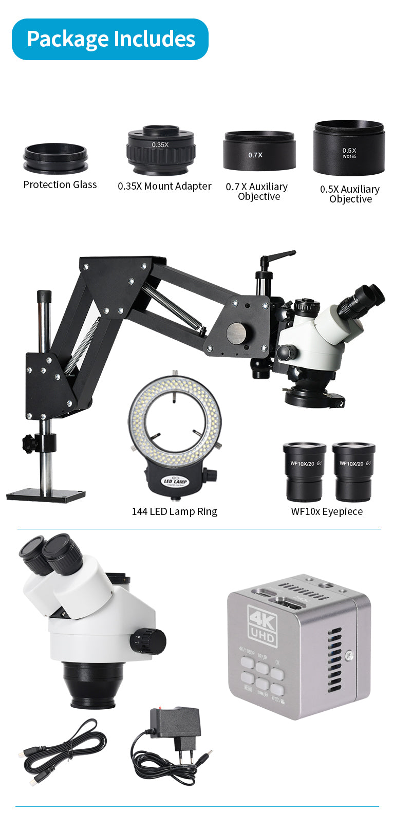 4K Binocular Stereo Microscope Magnifier Stand Diamond Setting Microscope Camera EU Plug For Jewelry Optical Tools