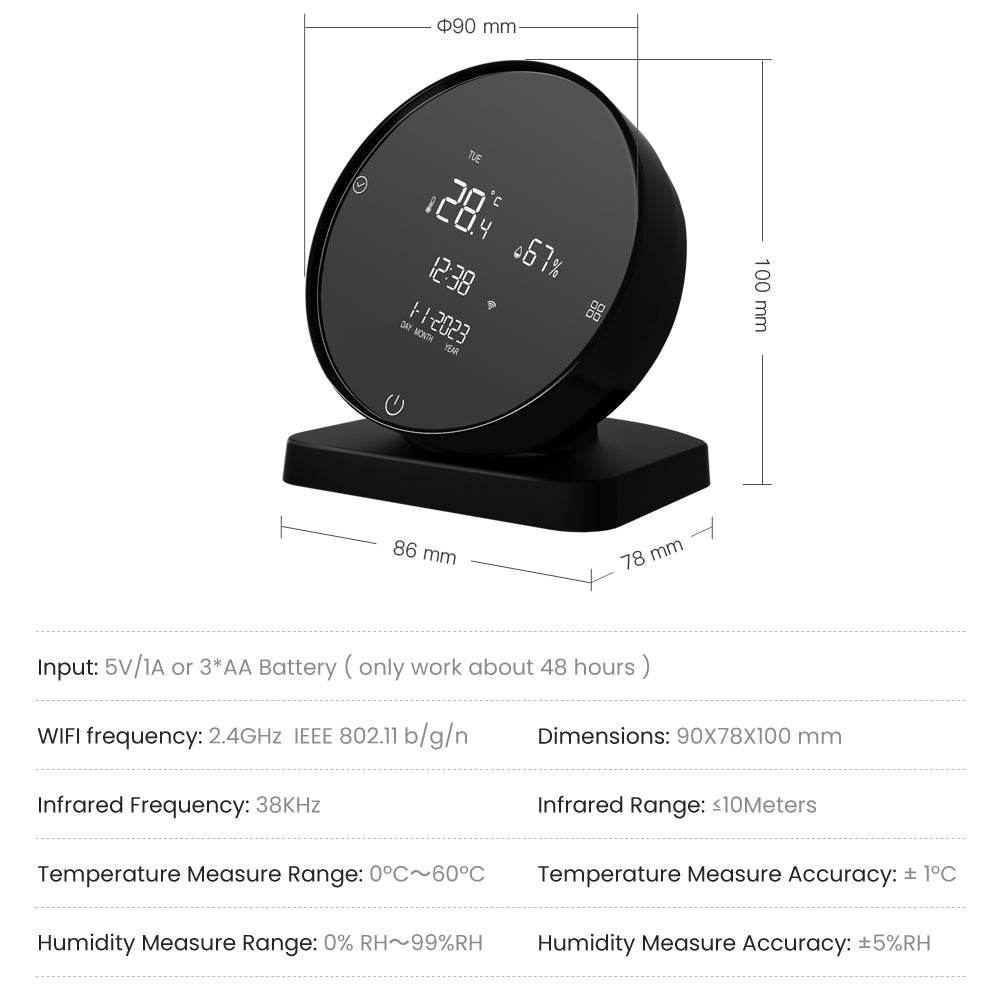 3-in-1 Tuya WiFi IR Remote Controller with Alarm Clock, Temperature & Humidity Sensor - Compatible with Alexa & Google Home