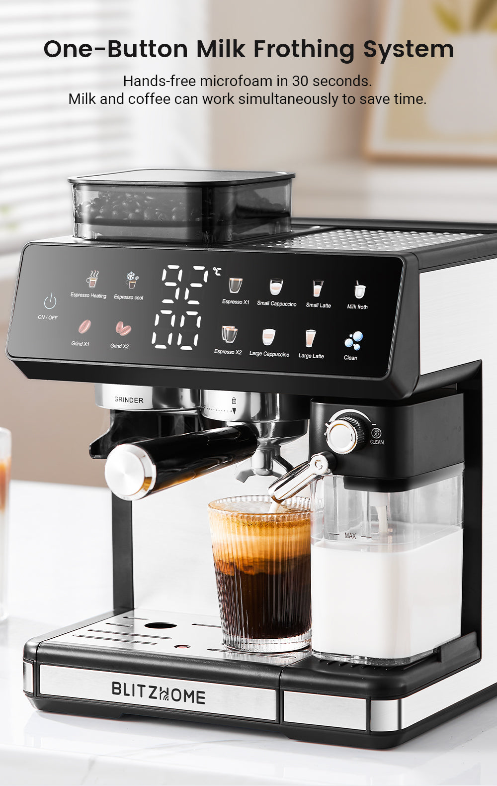 All-in-One Espresso Coffee Machine with Built-in Grinder Dual Boiler, Automatic Milk Frother Hot & Cold Brew Touch Screen