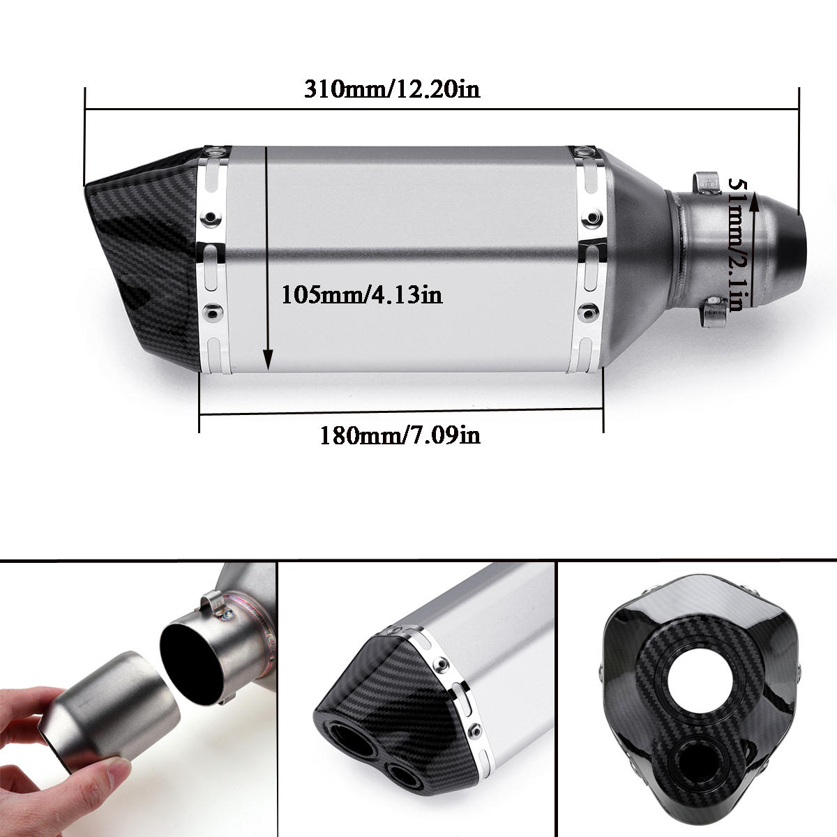 310mm Sliver Universal Motorcycle Dirt Bike ATV Exhaust Muffler Pipe DB Killer 38-51mm