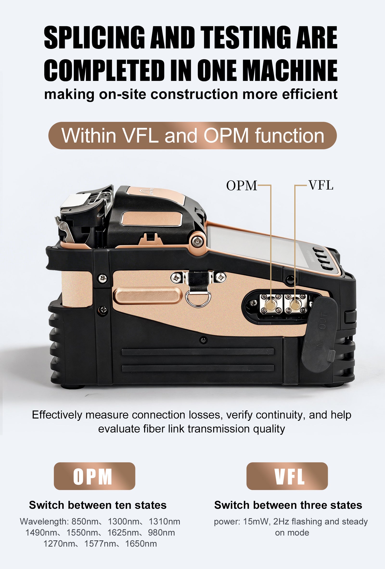Optical Fiber Fusion Splicer 6 Motors Core Cladding Alignment 5 Inch Touchscreen 7800mAh Battery Bluetooth 4.2 Optical Power Meter VFL