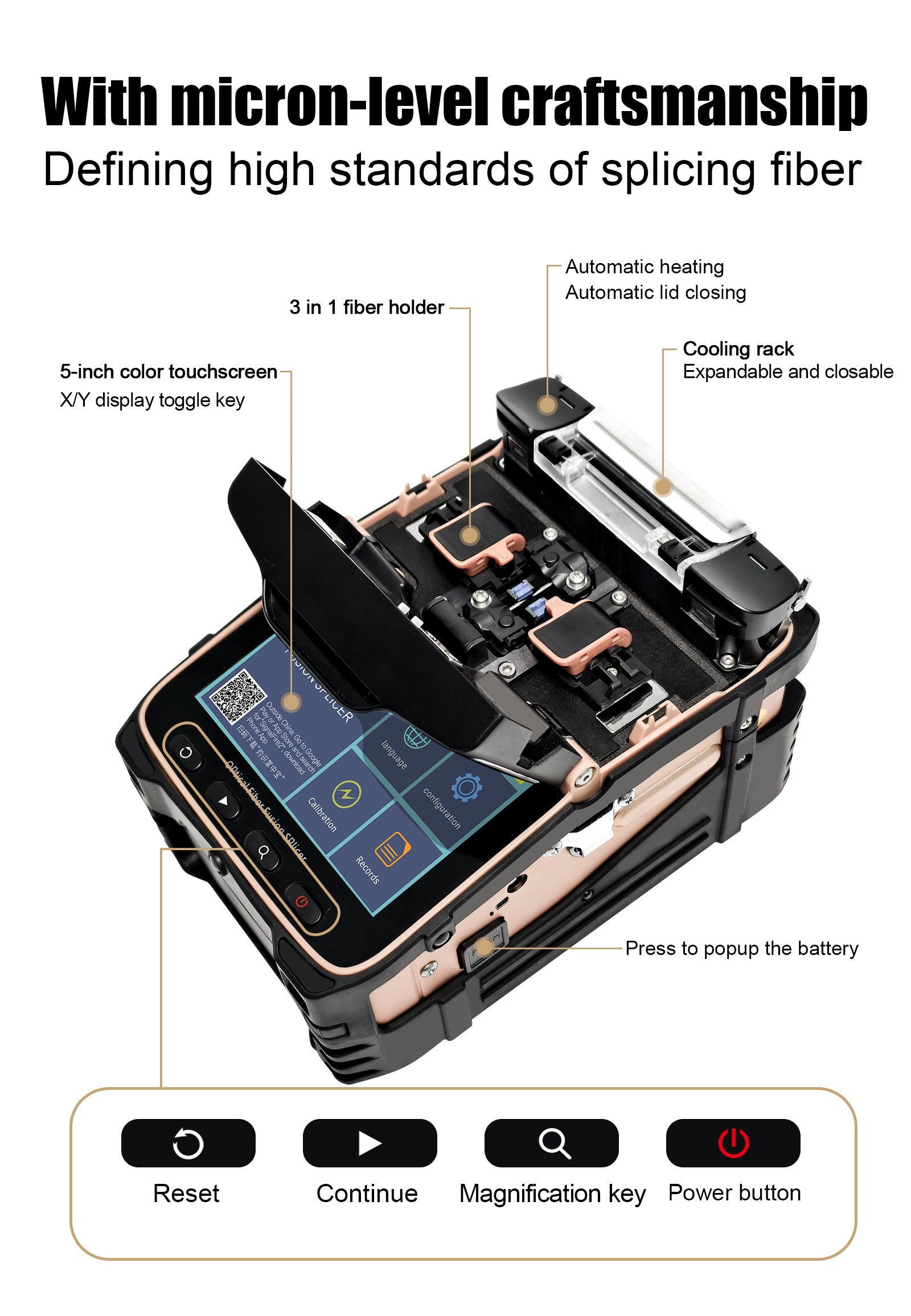 Optical Fiber Fusion Splicer 6 Motors Core Cladding Alignment 5 Inch Touchscreen 7800mAh Battery Bluetooth 4.2 Optical Power Meter VFL