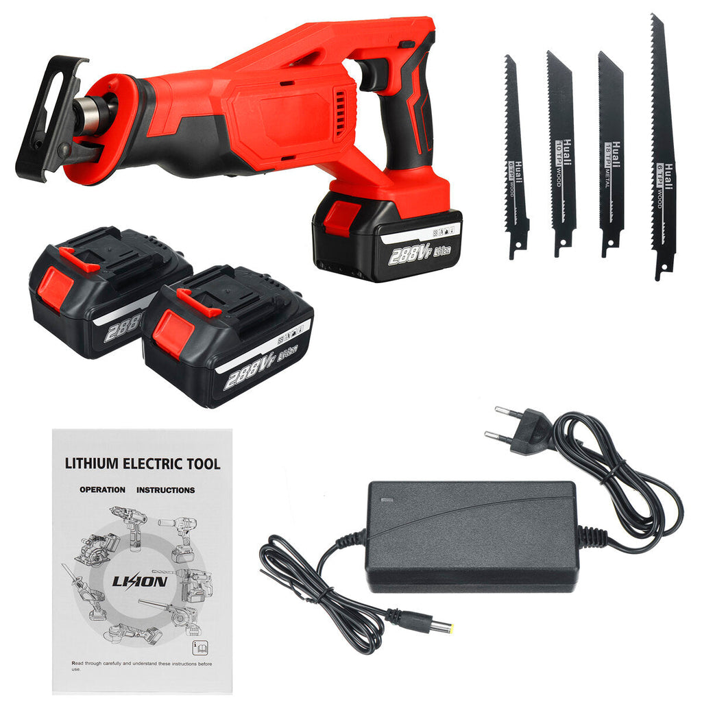 Cordless Reciprocating Saw Rechargeable Electric Recip Sabre Saw W/ 4pcs Blade & 2pcs Battery Wood Metal Plastic Sawing Tool