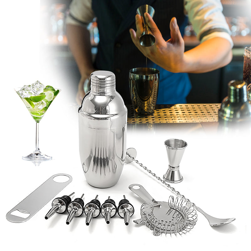 11Pcs Stainless Steel Cocktail Shaker Mixer Martini Spirits Muddler Pourer Strainer Bartender Set