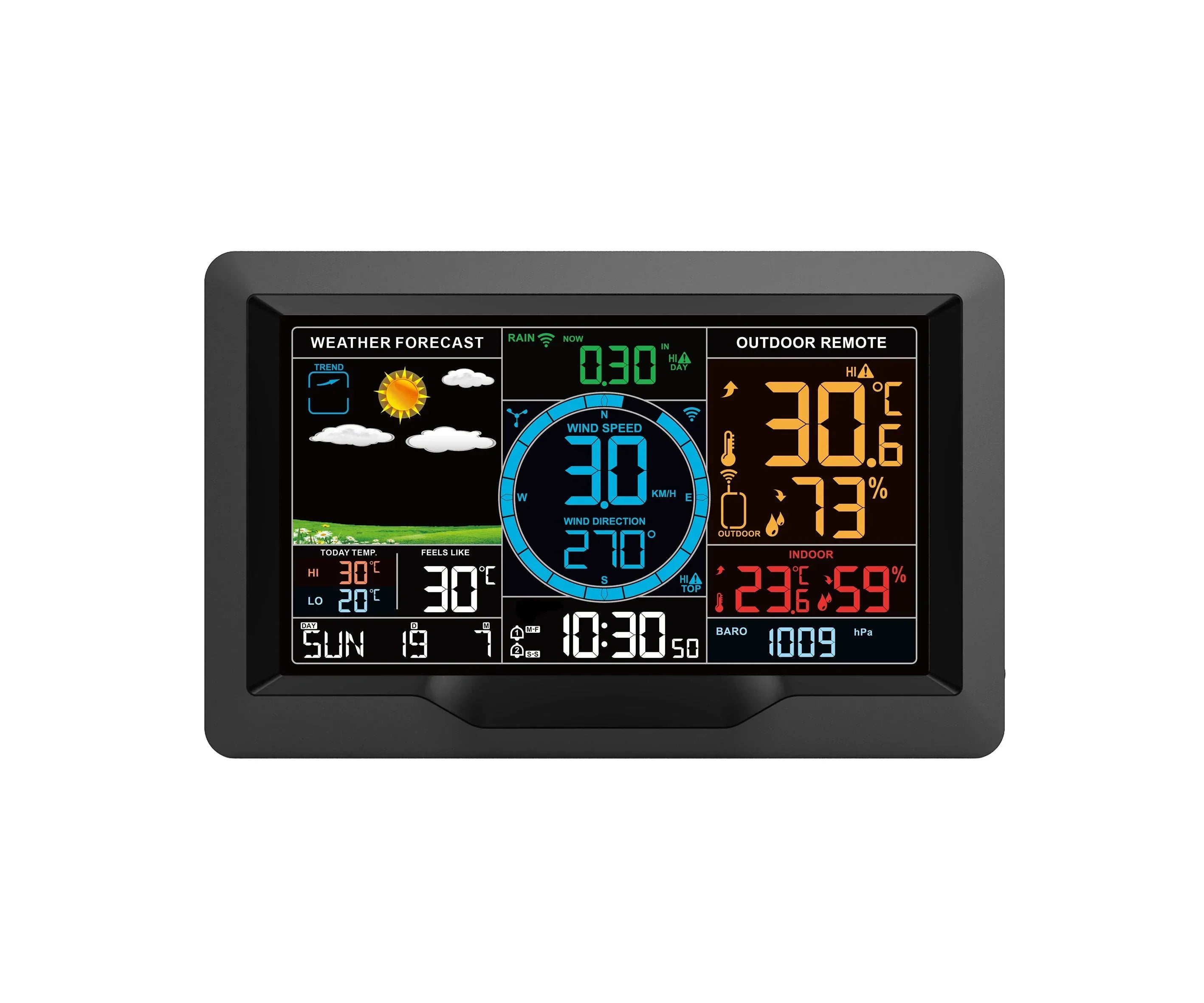 Wireless Weather Station Clock - Indoor/Outdoor Thermometer & Hygrometer with Forecast, Wind/Rain/Moon, Air Pressure Sensor