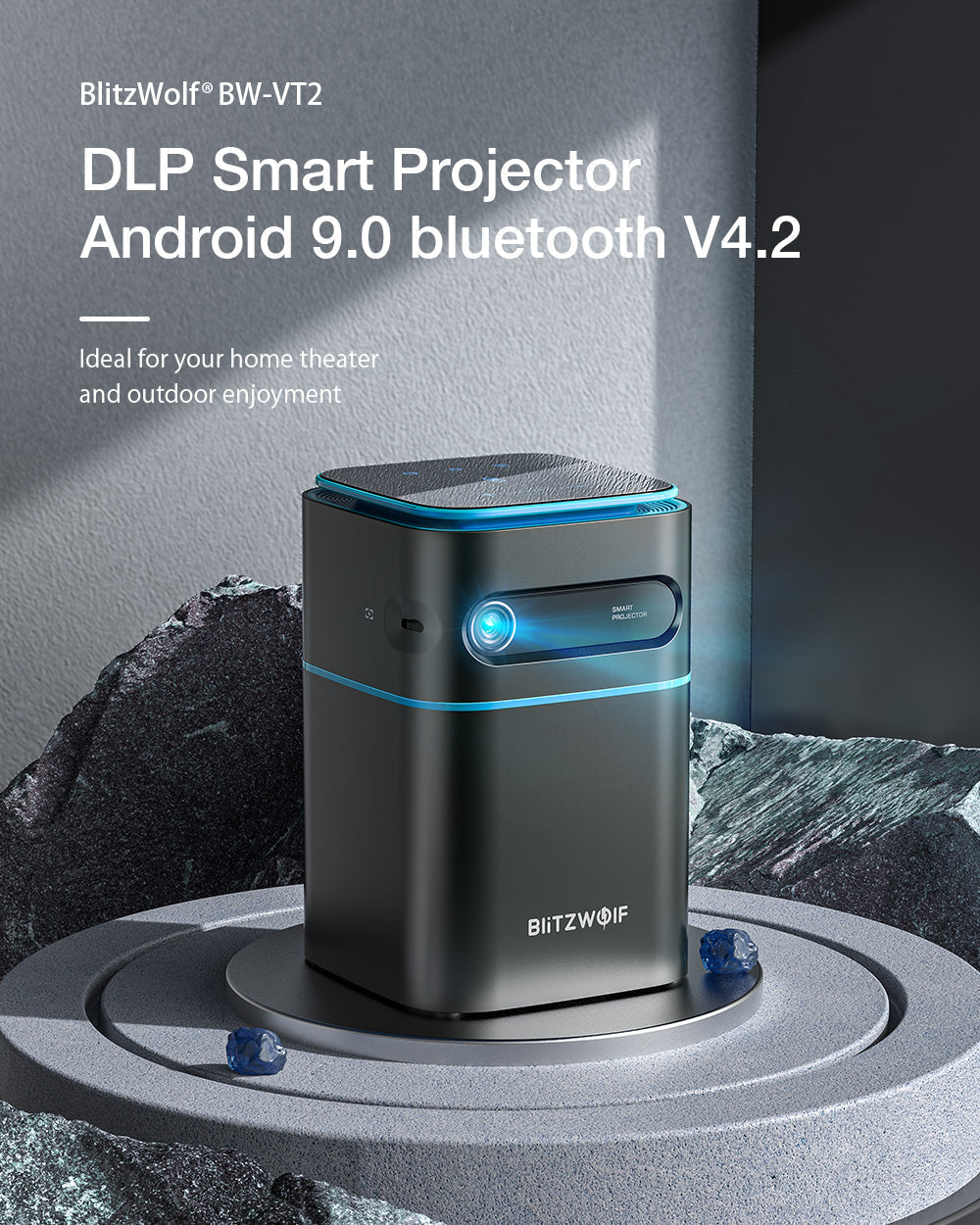 DLP Mini WIFI Projector, Android 9.0, Bluetooth 4.2, 1080P, 150 ANSI Lumens, Built-in Battery, Netflix & YouTube, Outdoor Cinema