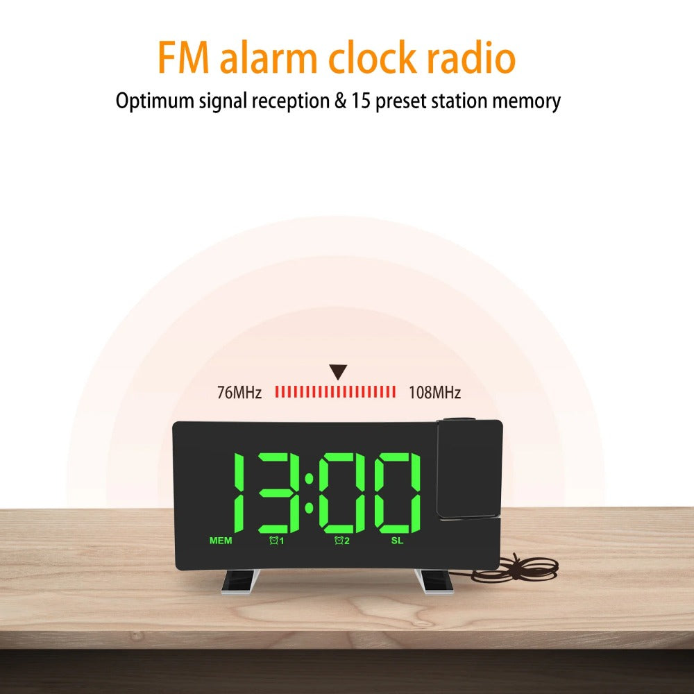 8-Inch Projection Alarm Clock: 180° Projector, FM Radio, Snooze, USB Charger & 3-Level Brightness for Bedroom