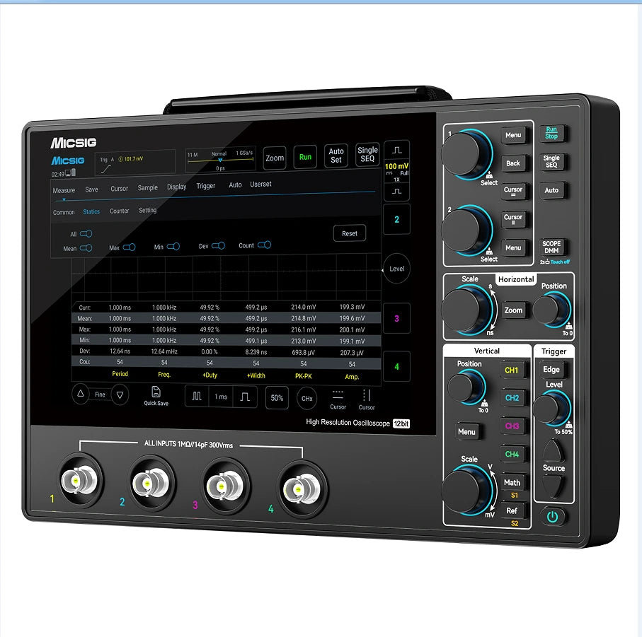 High Resolution Tablet Oscilloscope 12-bit 4 Channel 1GSa Sampling Rate Up to 200MHz Bandwidth Portable Touchscreen