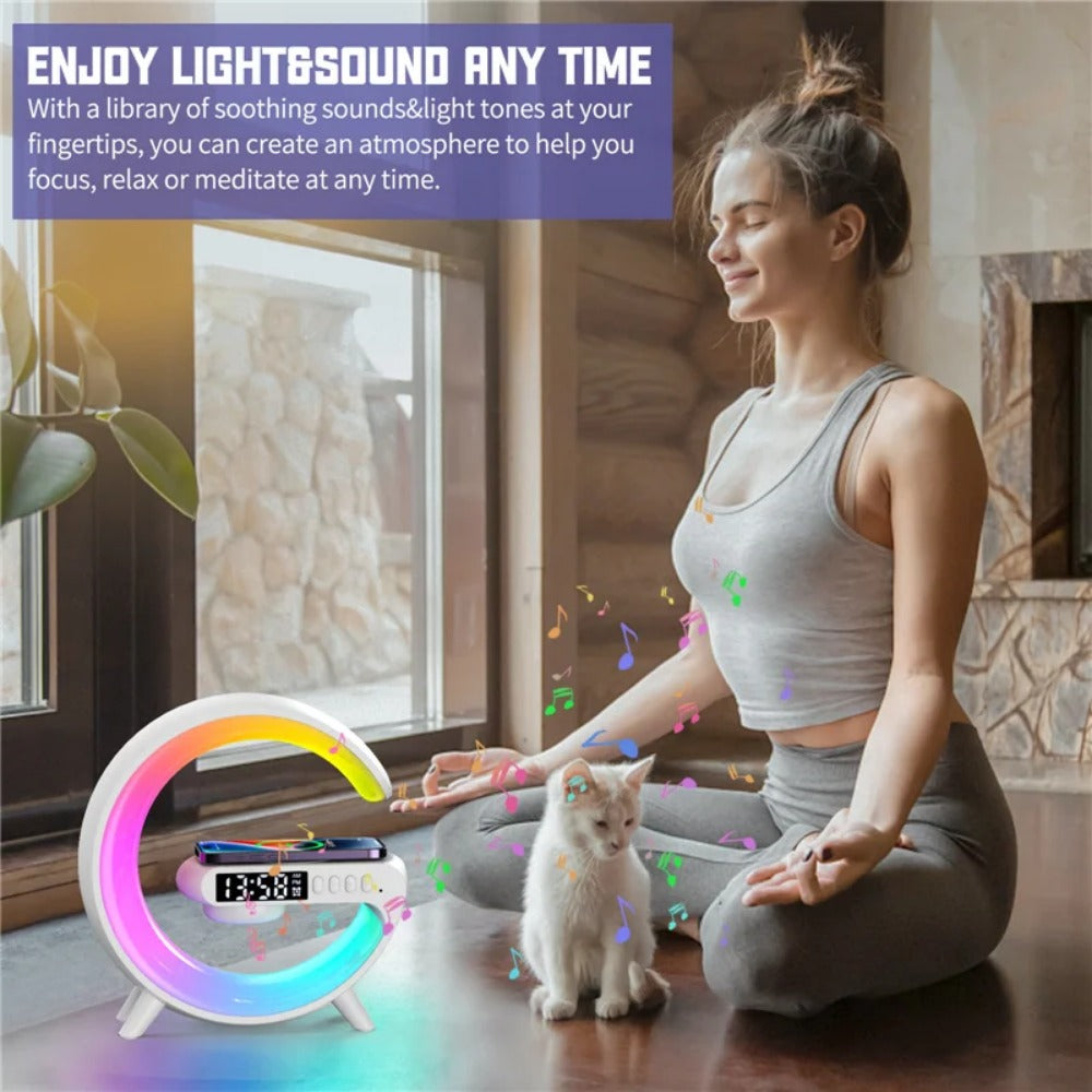15W Fast Wireless Charging Bedside Lamp with Bluetooth Speaker, 9 Light Modes, AUX & TF Card Support, Mini Size
