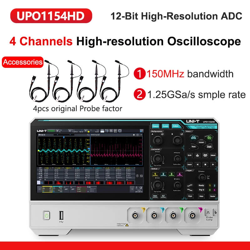 Oscilloscope 2/4 Channels 150MHz Bandwidth 12-bit ADC 1.25GSa/s Sampling Rate Large Storage Depth High-Definition Touch Screen