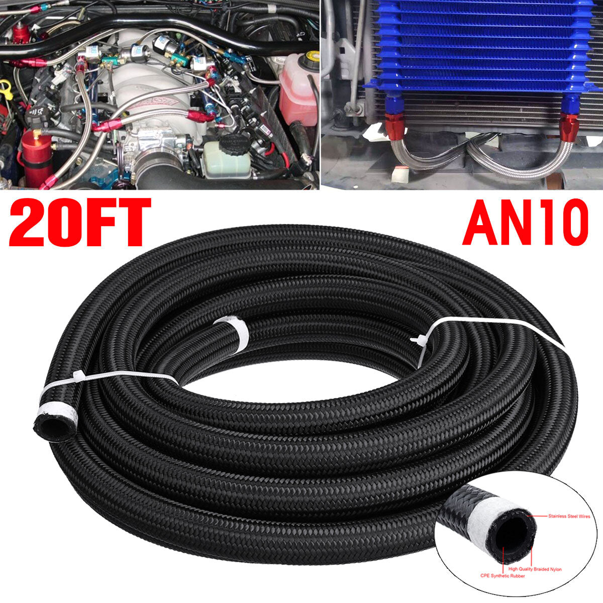 20FT AN4 AN6 AN8 AN10 Fuel Hose Oil Gas Line Pipe PTFE Nylon Stainless Steel Hose
