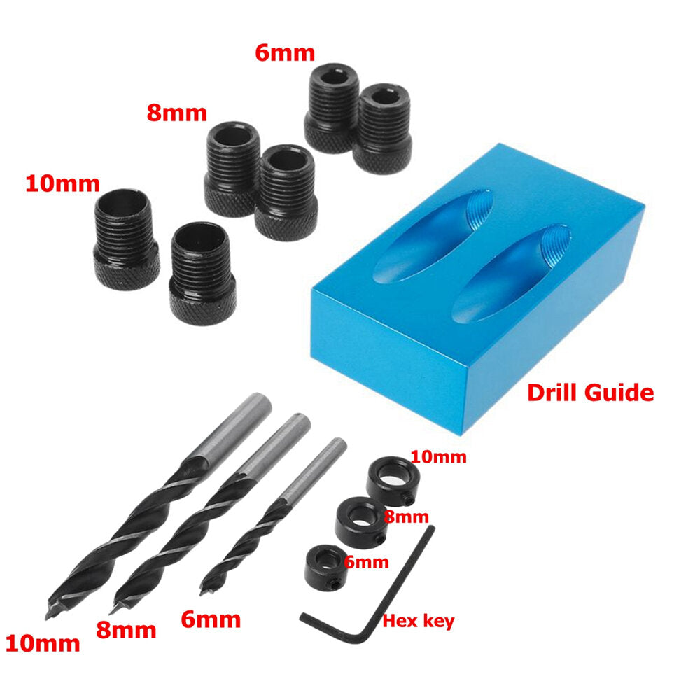 Aluminum Alloy Drill Guide Set with 15° Angle, 6/8/10mm Bits for Woodworking - Adjustable Hole Locator, Blue/Black