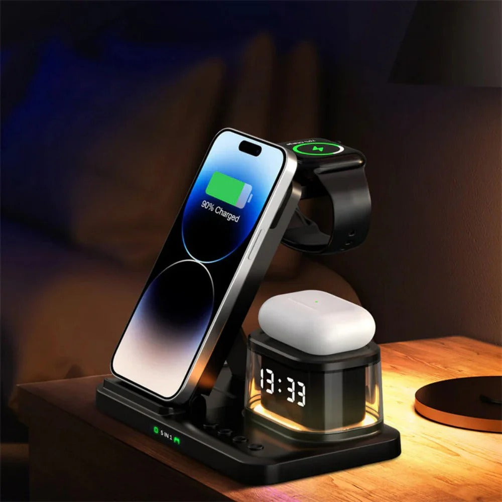 15W Fast Wireless Charger Stand with Type-C, Compatible with Phones, Watches, Earphones - Black/White, Durable Design