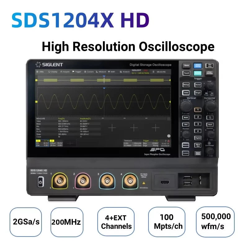 Oscilloscope 200MHz Bandwidth 4 Channels 2GSa/s Sampling Rate 12-bit High Resolution TFT-LCD Touch Screen