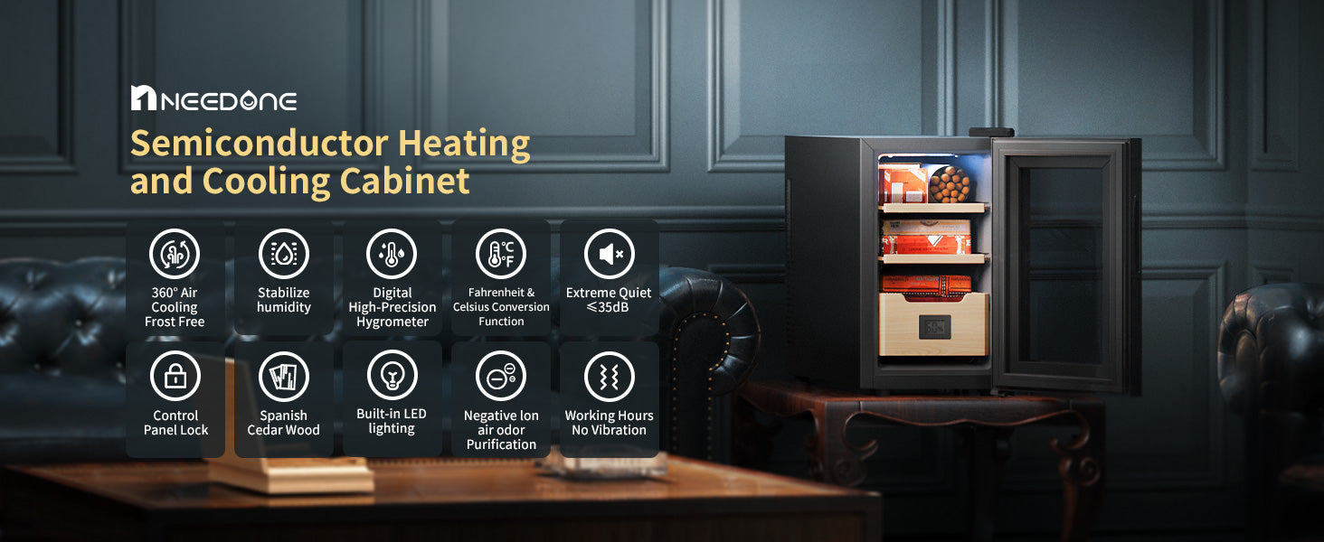 26L Electric Cigar Humidor, 200-Cigar Capacity, Heating & Cooling, Spanish Cedar Shelves, Drawer & Hygrometer