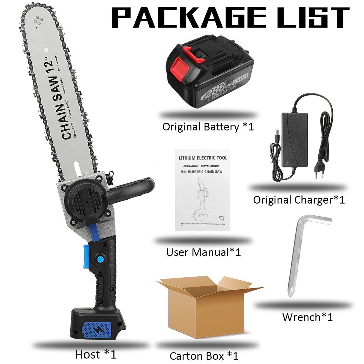 12" Cordless Electric Chain Saw One-Hand Saw Woodworking Tool W/ 1/2pcs Battery