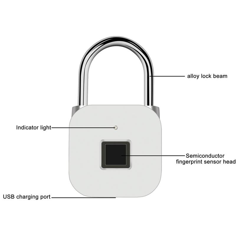 USB Smart Fingerprint Lock Rechargeable Keyless IP66 Waterproof Store Up To 39 Fingerprints for Door Luggage Padlock