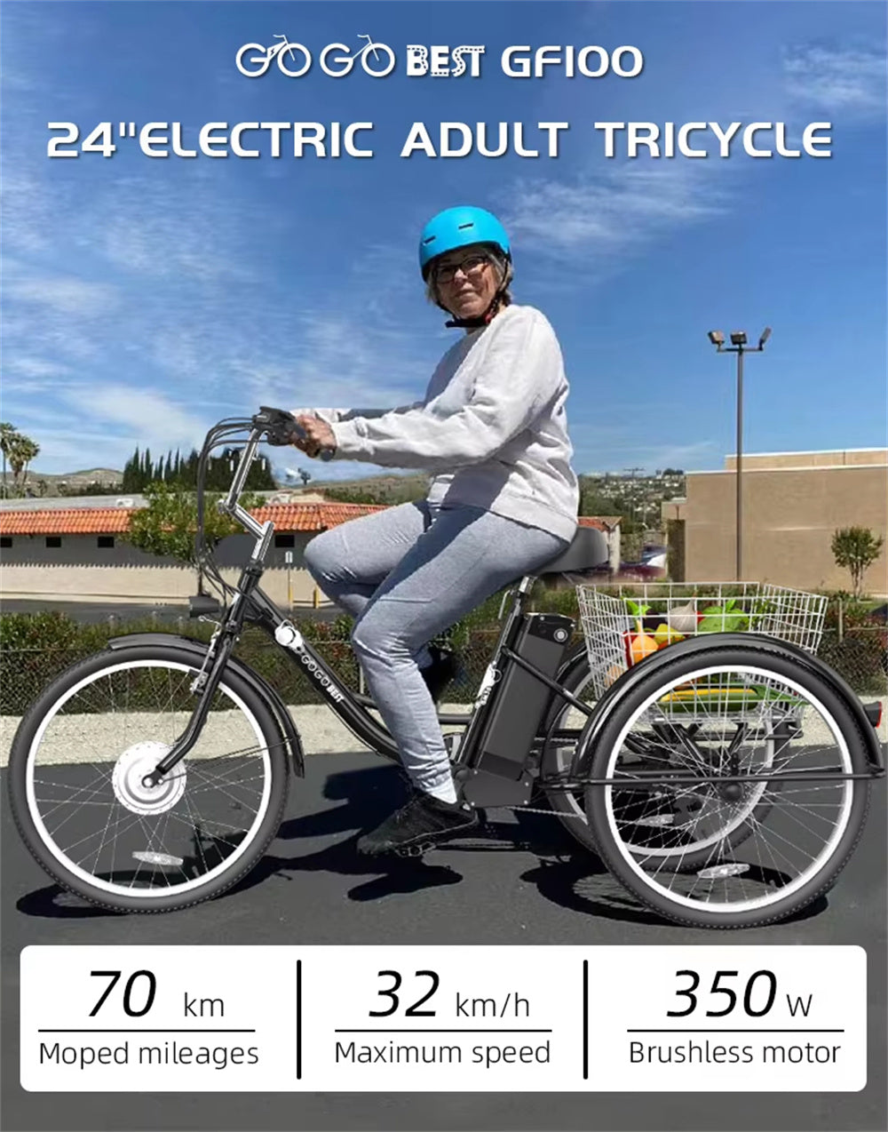 Electric Tricycle 36V 15AH Battery 350W Motor Recommended Top Speed 25KM/H 24inch 30-70KM Max Mileage 200KG Max Load Electric Tricycle
