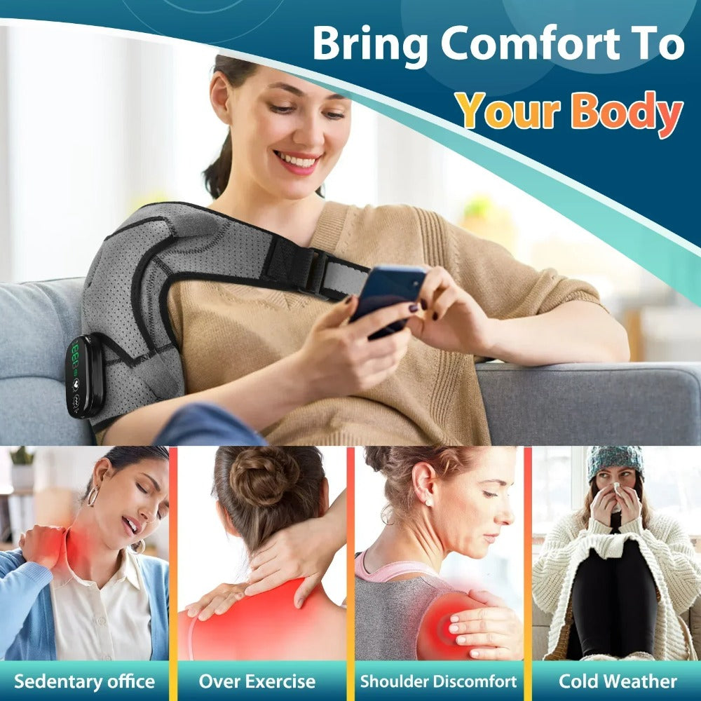 Heated Shoulder Steamer Brace - 3-in-1 Massage & Heat Therapy, Adjustable Straps, 5000mAh Battery, Grey/Black