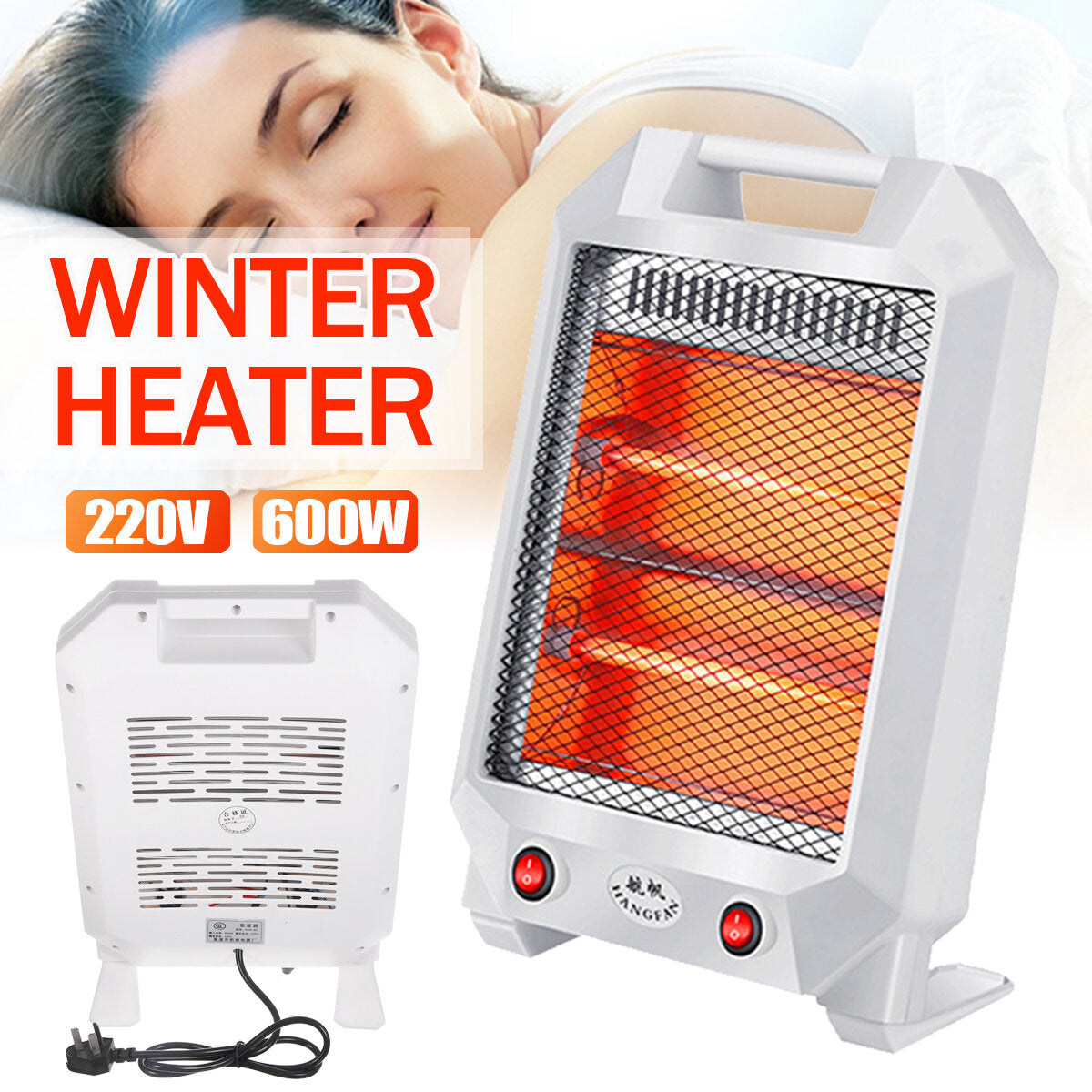 600W Portable Quartz Electric Heater - Silent 2-Gear Winter Warmer for Home & Office
