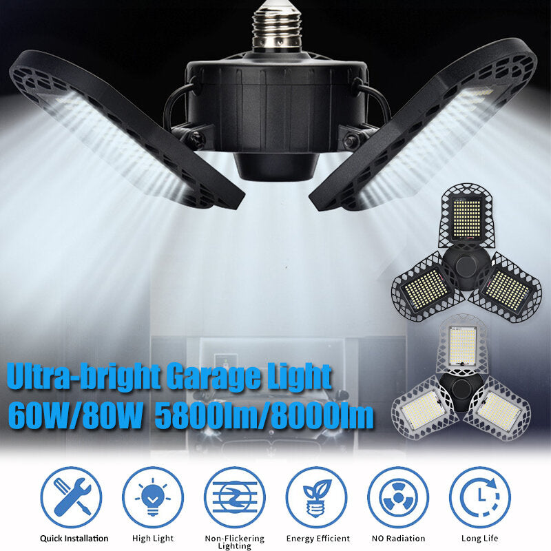 96/300LED Deformable LED Garage Lights: Ultra-Bright Adjustable Ceiling Light, E26/E27 Work Bulbs with 2/3 Leaves in Die-Cast Aluminum/Plastic