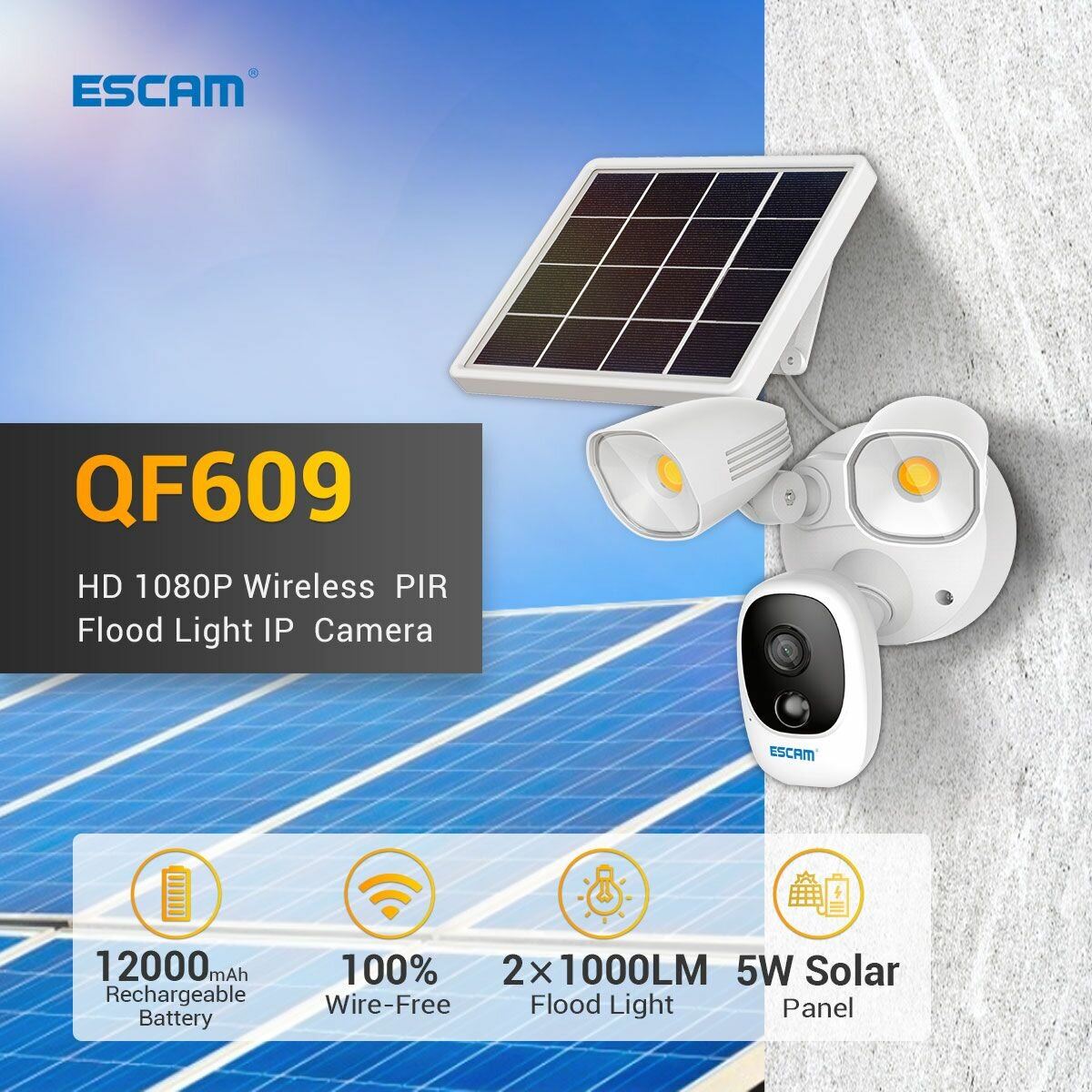 Solar Powered Floodlight 1080P Wireless Battery 1000LM Floodlight Cloud Storage Camera