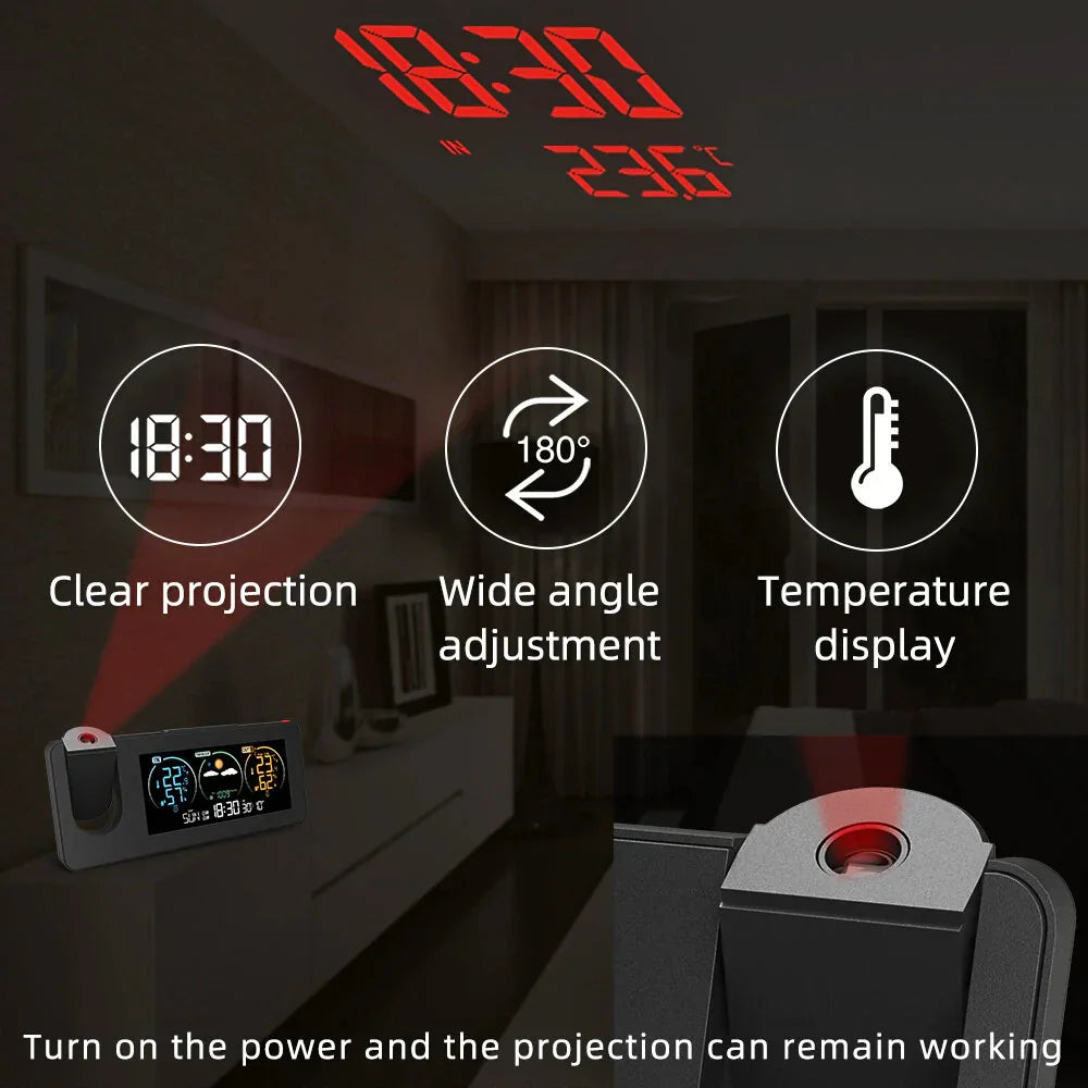 Weather Station Projection Alarm Clock Wireless Indoor Outdoor Thermometer with Atomic Clock and Rotating Projector Forecast Station with Calendar