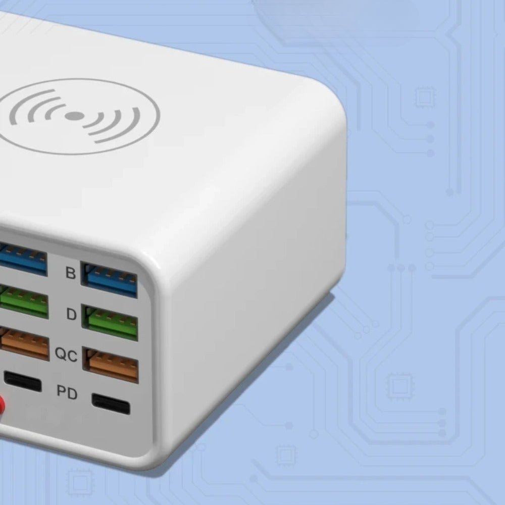 65W Dual C Ports Fast Charger with Wireless Charging, Intelligent Charging, Display Screen & Multiple Ports for Devices