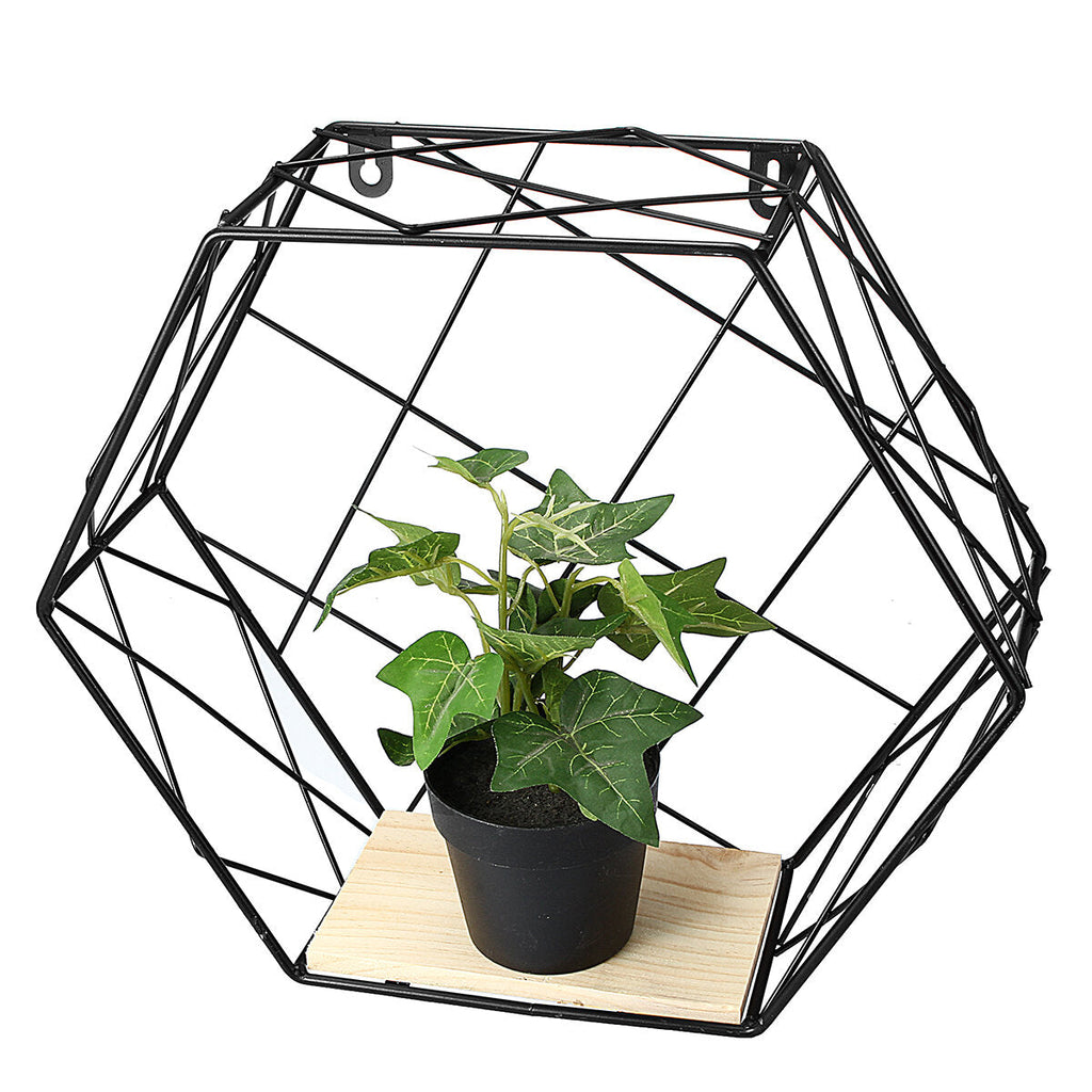Nordic Wooden Wall Mounted Shelf Grid Iron Hanging Storage Shelf Floating Rack Plant Holder Bookshelf Home Office Decor