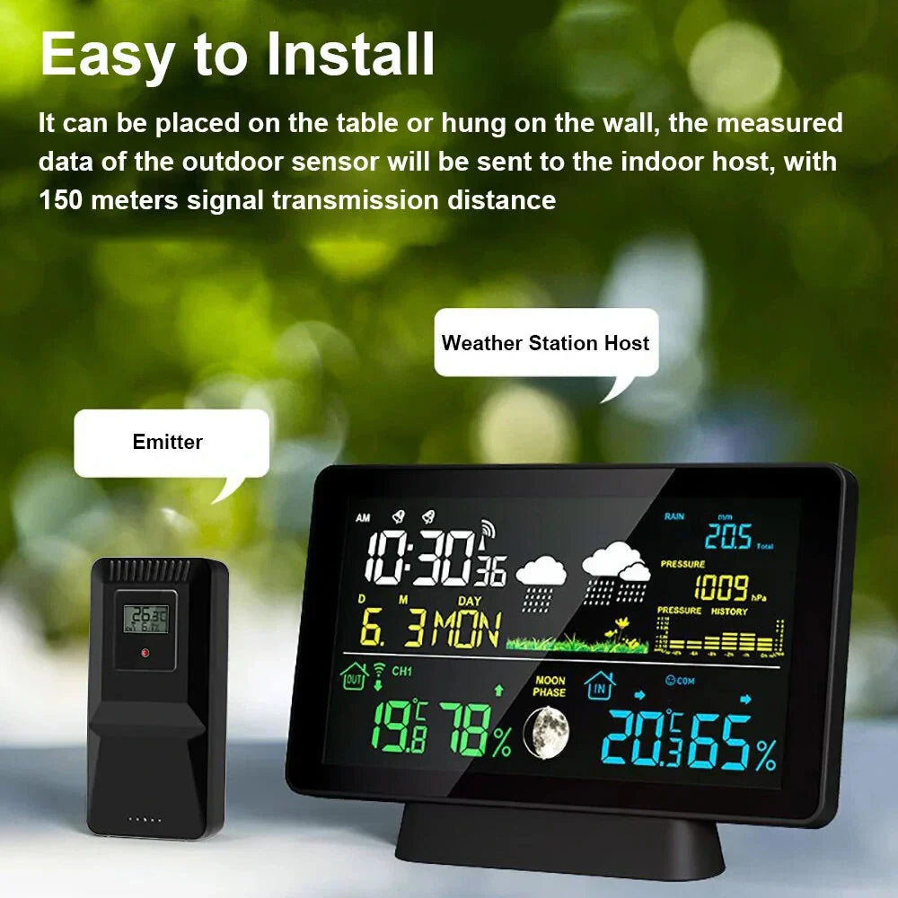 Multi-Function Wireless Weather Station - Indoor/Outdoor Thermometer with Rain Gauge, Humidity, Pressure & Color Screen Alarm Clock