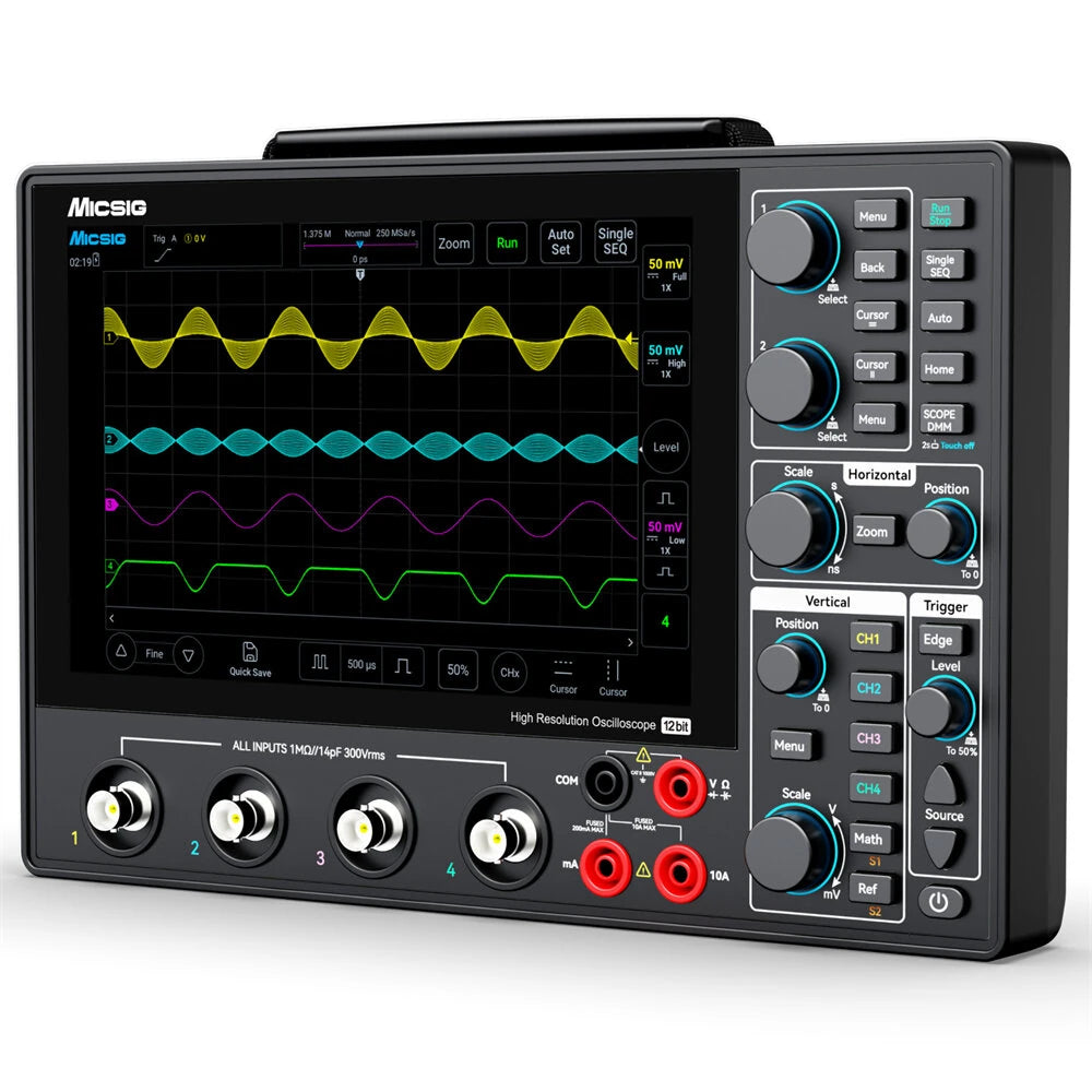 High Resolution Tablet Oscilloscope 12-bit 4 Channel 1GSa Sampling Rate Up to 200MHz Bandwidth Portable Touchscreen