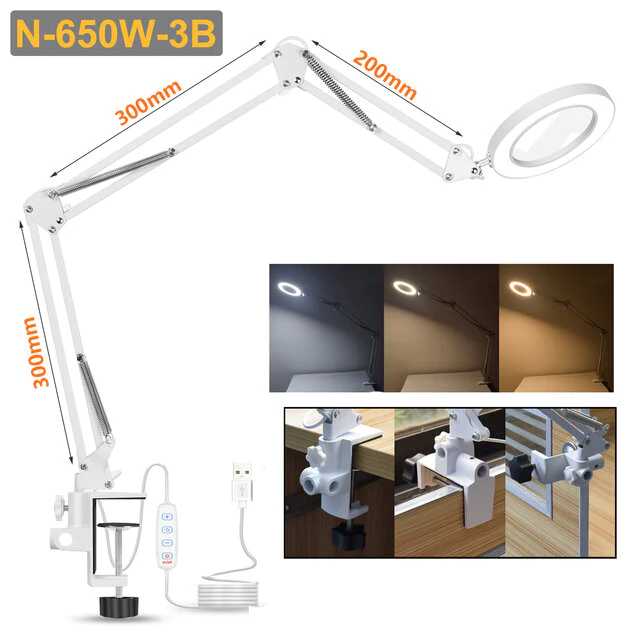 Flexible Desk Large 5X USB LED Magnifying Glass 3 Colors Illuminated Magnifier Lamp Loupe Reading/Rework/Soldering