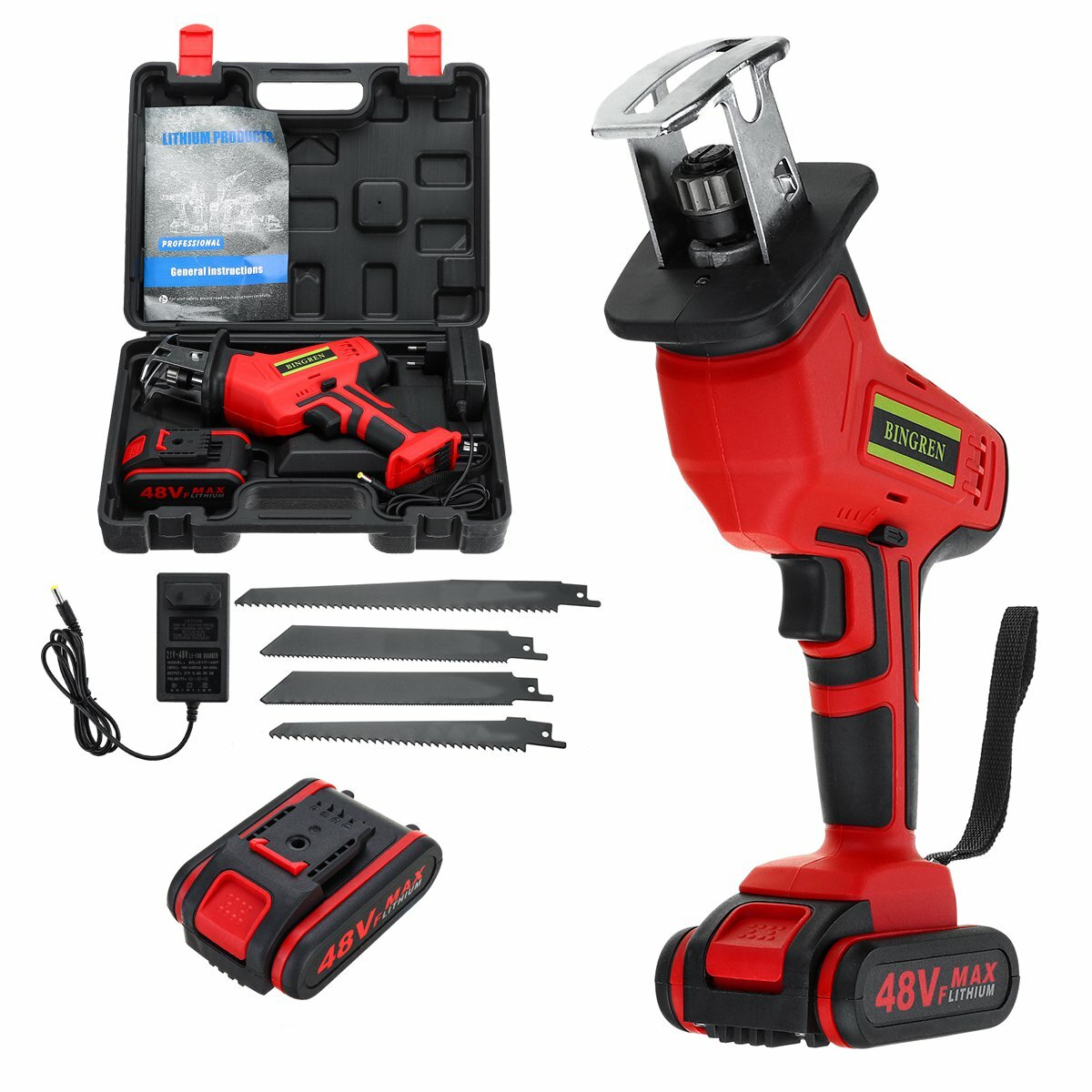 48VF Electric Cordless Reciprocating Saw Chainsaw + 4 Saw Blades Metal Cutting Woodworking Tools Set