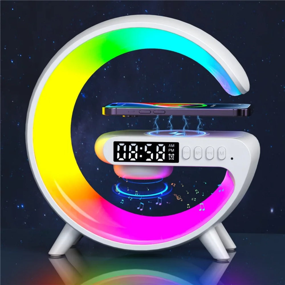 15W Fast Wireless Charging Bedside Lamp with Bluetooth Speaker, 9 Light Modes, AUX & TF Card Support, Mini Size