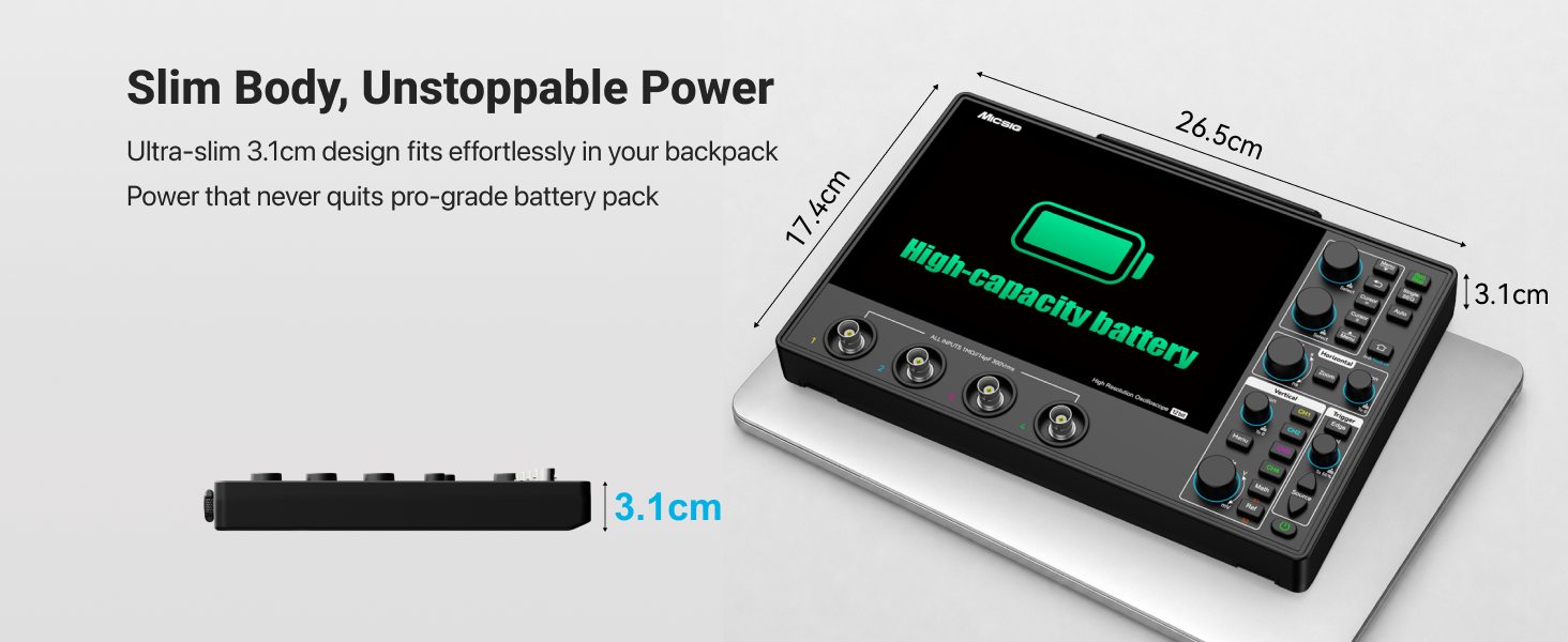 100MHz Tablet Oscilloscope, 4 Channels, 12-Bit Resolution, 1GSa/s, 110Mpts Memory & 8-Inch Touchscreen