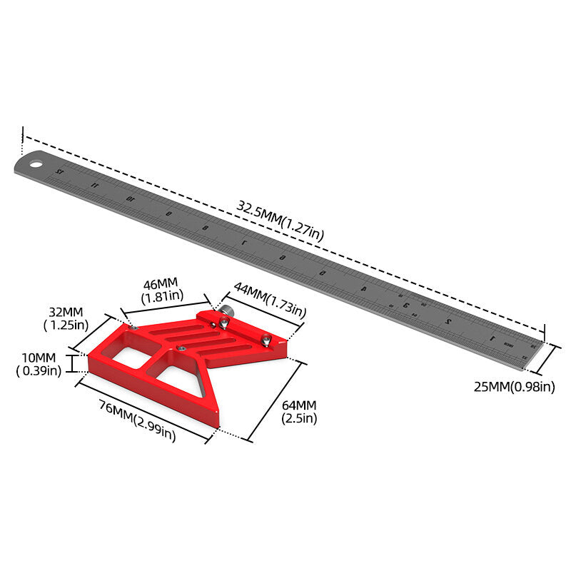 45/90° Scribing Ruler - Durable Aluminum Tool for Precision Line & Circle Drawing, Vertical Measurements, Compact Design