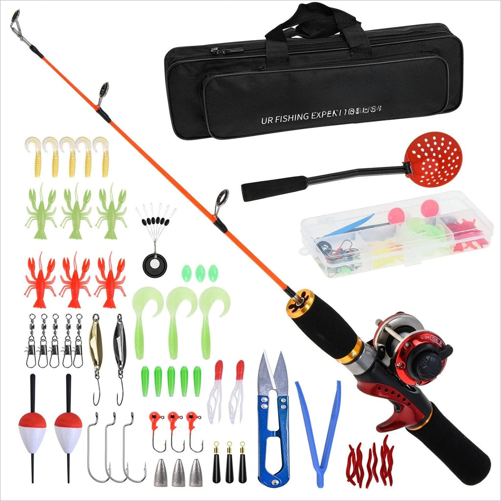 Ice Fishing Rod Reel Combo Complete Kit with Ice Skimmer Scoop and Carry Bag Lures Hooks Swivels Accessories