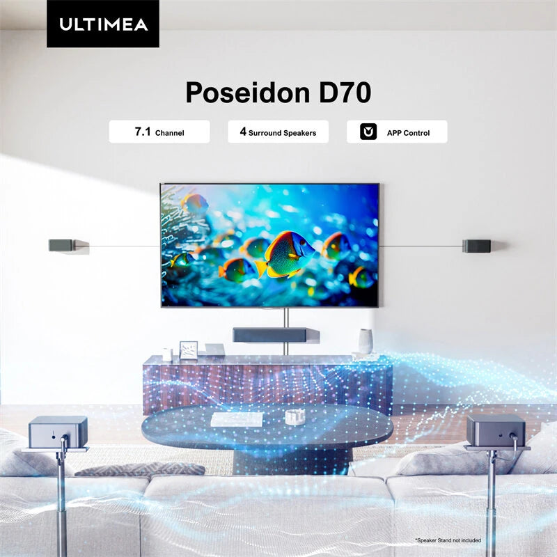 410W 7.1CH Soundbar with 2x Steady 300 Stands Virtual Surround Sound System with 4 Wired Surround Speakers and 6.5" Wireless Subwoofer Home Theater SurroundX Soundbar Subwoofer with 2x Pairs of Steady 300 Surround Speaker Stands