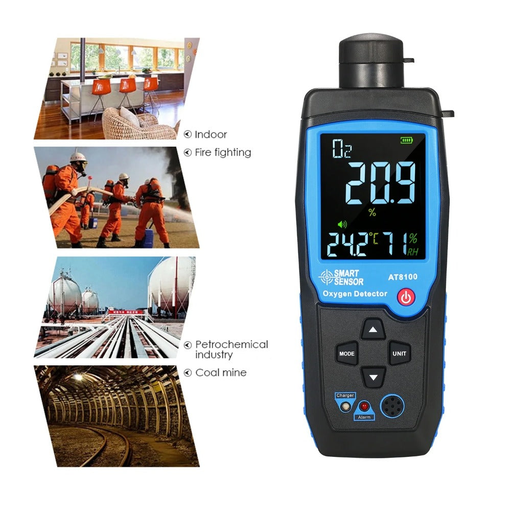 Handheld Digital Oxygen Detector USB Rechargeable O2 Sensor Tester Monitor LCD Display Adjustable Alarm