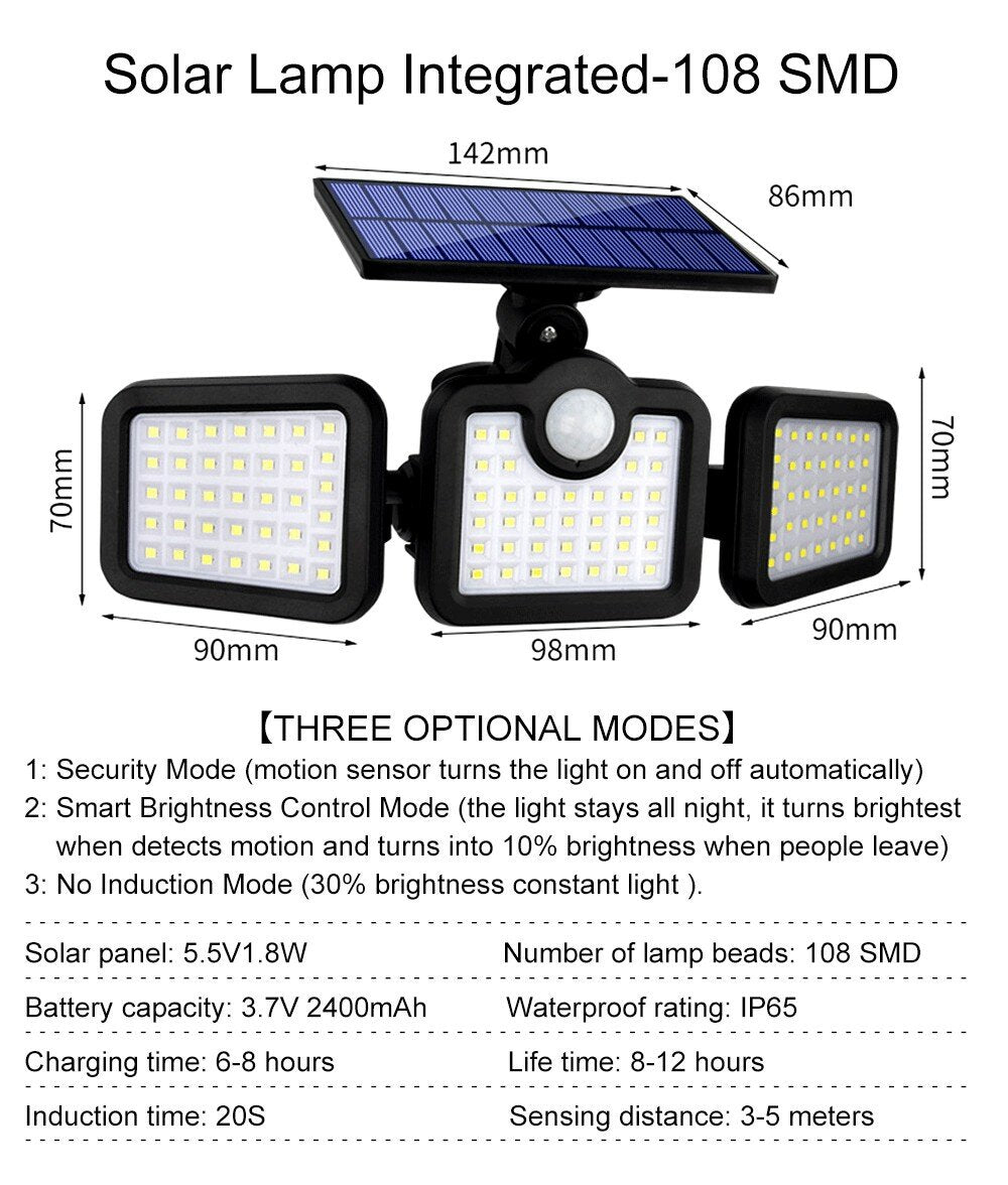 Solar Lights Outdoor 171COB 108/122/138LEDs Motion Sensor Light 3 Head Remote Control Wall Light 270 Wide Angle Flood Light for Garden