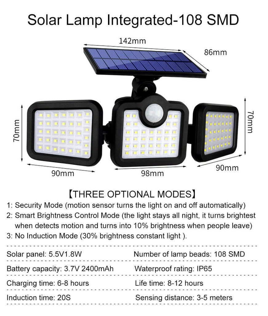 Solar Lights Outdoor 171COB 108/122/138LEDs Motion Sensor Light 3 Head Remote Control Wall Light 270 Wide Angle Flood Light for Garden