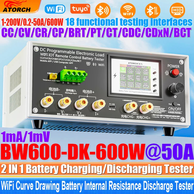 Electronic Load Tester 150/300/450/600W WiFi Tuya 0-200V 50A Battery Capacity Monitor Programmable Discharge Tool IPS Display High Precision Bluetooth Connection