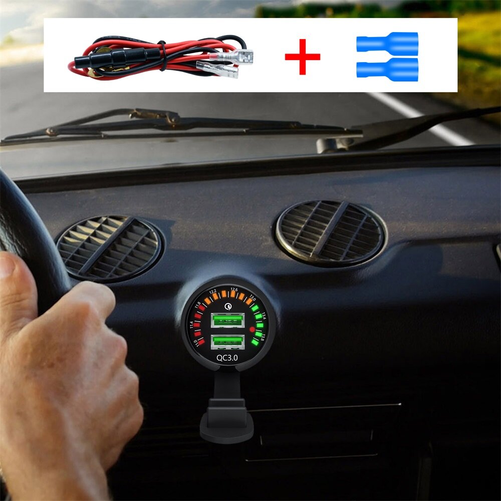 Dual USB Charger Quick Charge Socket Adapter Power Outlet With Voltmeter Display For Car Motorcycle Boat
